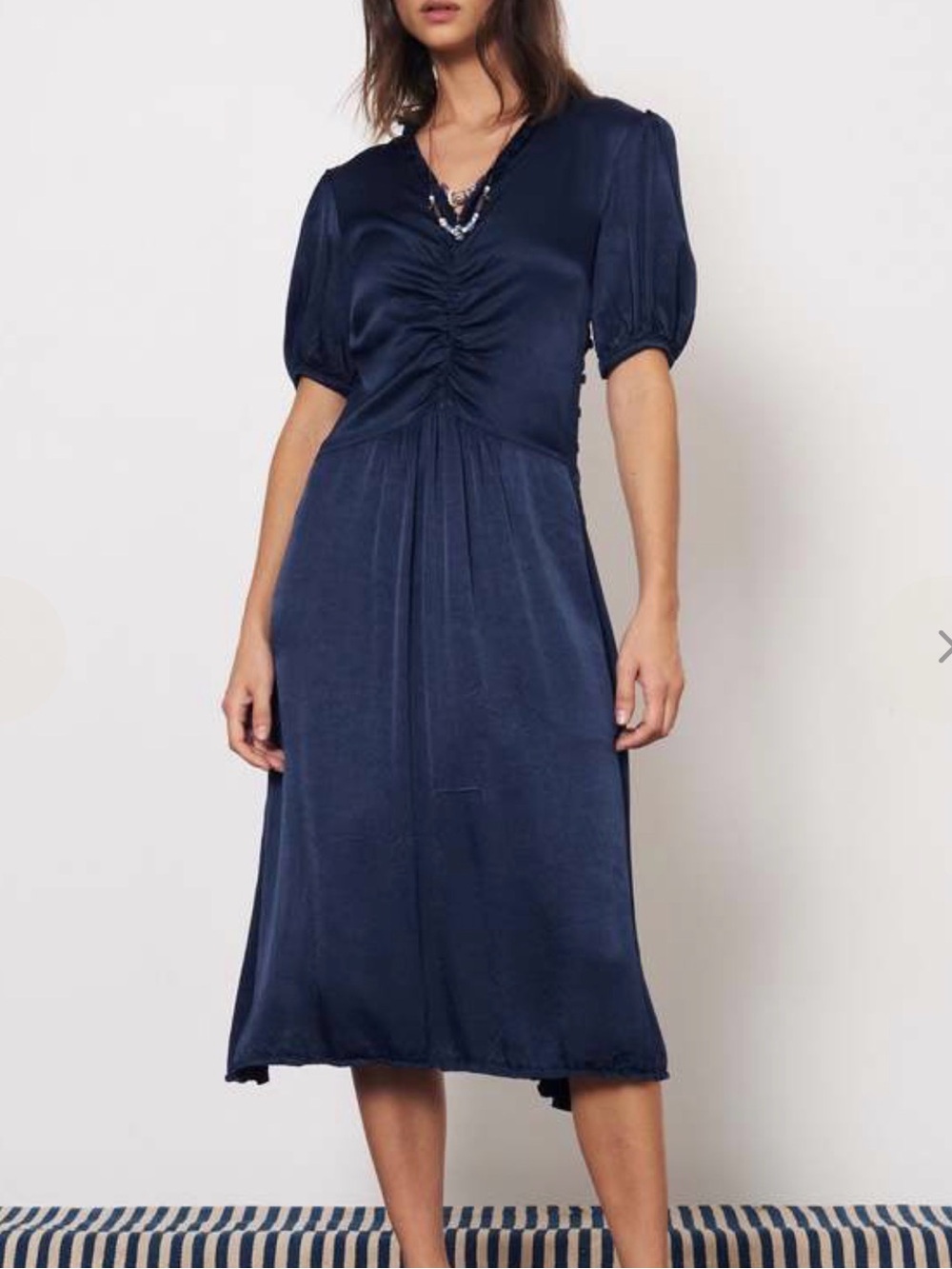Raquel Allegra Navy Ruched V-Neck Midi Dress with Puff Sleeves